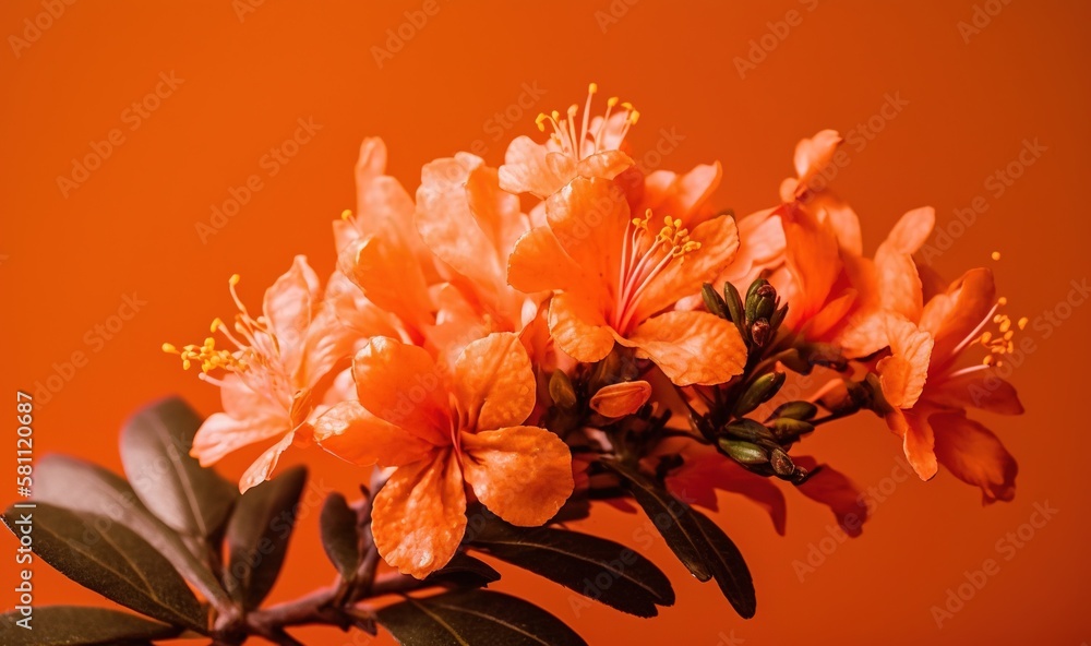  a close up of a bunch of flowers on a branch with leaves on an orange background with a red wall in