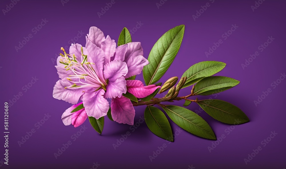  a purple flower with green leaves on a purple background with a purple background with a purple bac