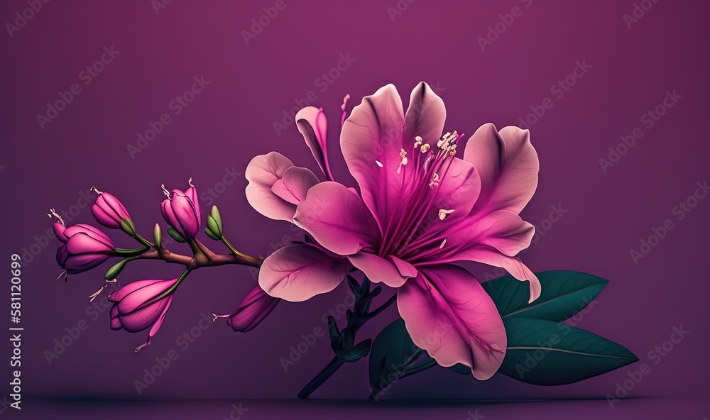  a pink flower with green leaves on a purple background with a purple background with a purple backg