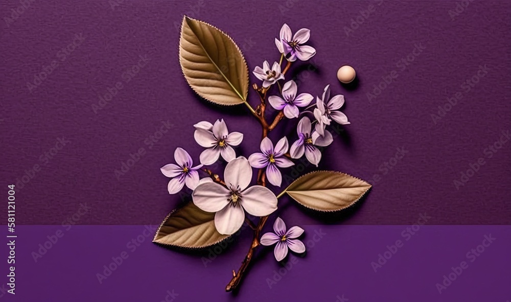  a purple background with a branch of a flower with leaves on it and a ball in the middle of the fra