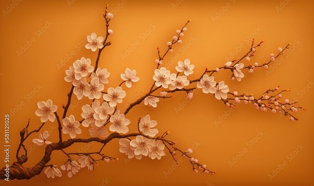  a branch of a tree with white flowers on an orange background with a brown background and a yellow 