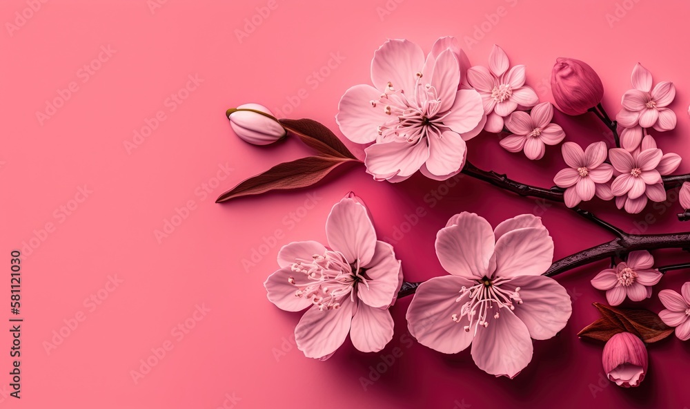  pink flowers on a pink background with leaves and buds on a branch with a single flower in the midd