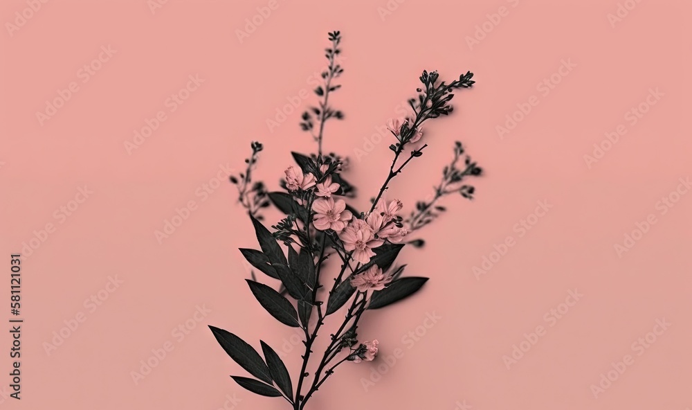  a pink background with a black and white flower arrangement on top of a vase with a pink flower on 