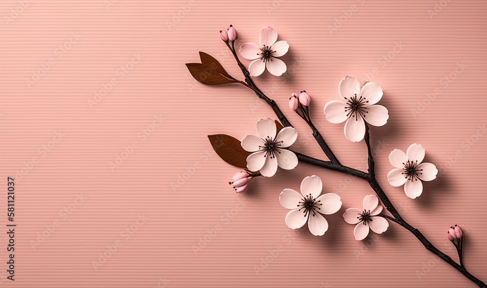  a branch of a blossoming tree with pink flowers on a pink background with a place for text or a pla