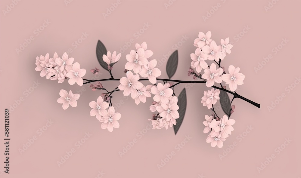  a branch with pink flowers on a pink background with a shadow of leaves on the branch of a flowered