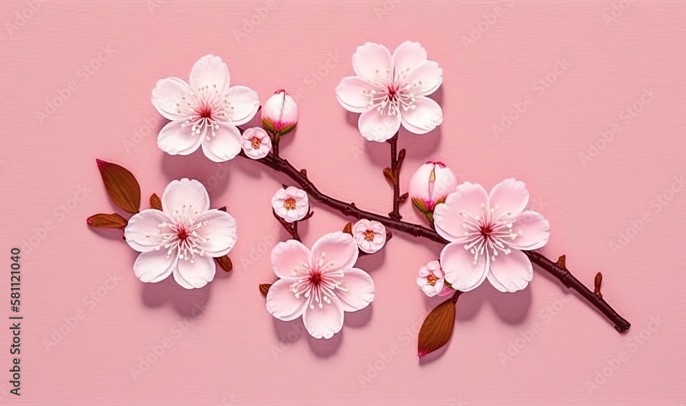  a branch of a cherry tree with pink flowers on a pink background with copy - space for writing or w