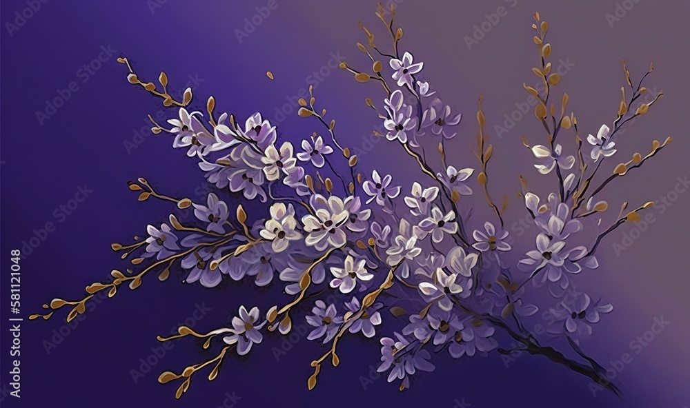  a painting of purple flowers on a purple and purple background with a gold leafy branch in the cent