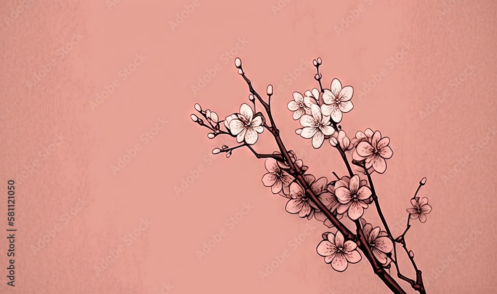  a branch of a tree with white flowers on a pink background with a black vase in the foreground and 