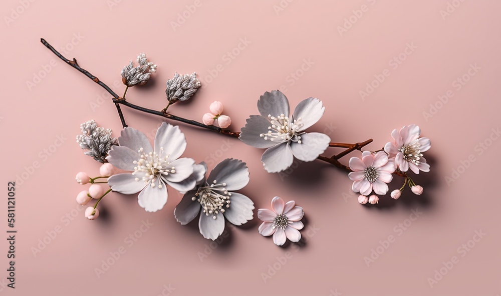  a branch of a tree with flowers on a pink background with space for text or image, top view, flat l