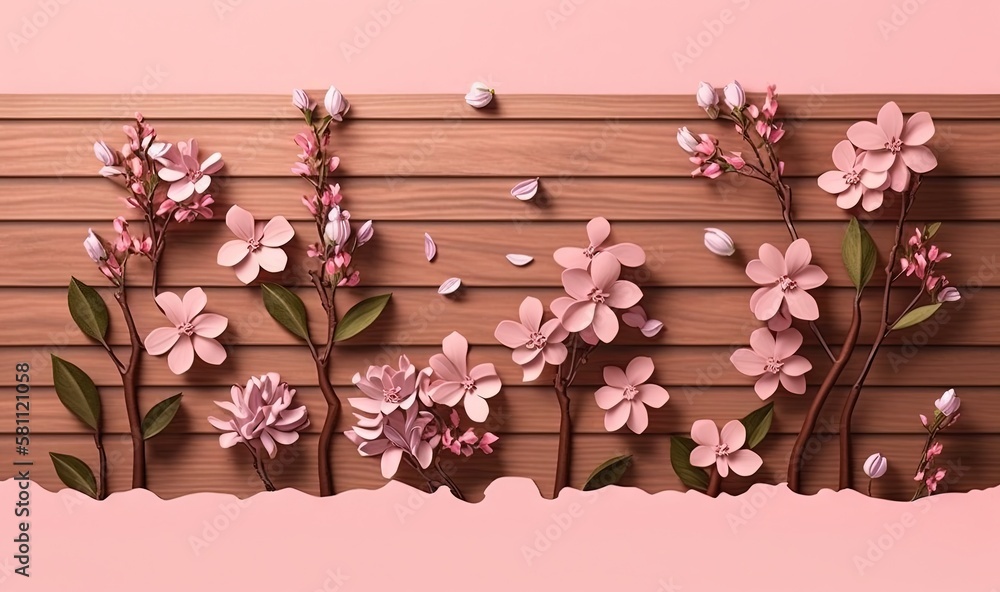  a pink wall with pink flowers on it and a wooden plank behind it with a pink background and a pink 