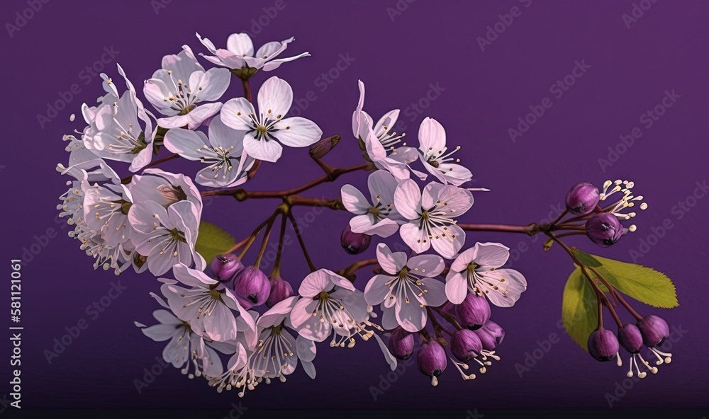  a branch of a flowering plant with white and purple flowers on a purple background with a green lea