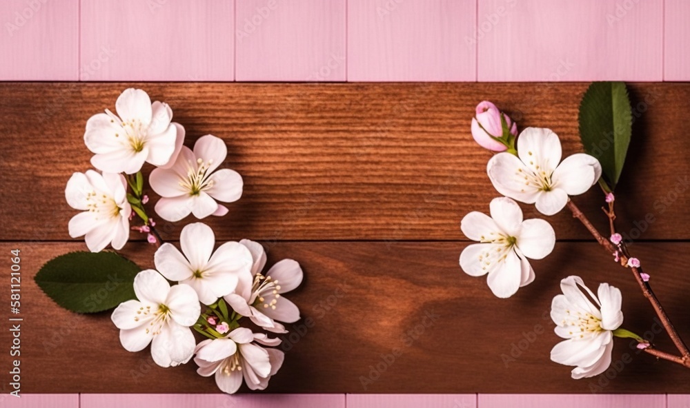  a wooden table topped with white flowers on top of a wooden floor with green leaves and pink wood p