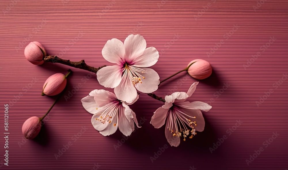  a branch with pink flowers on a purple background with a pink background and a pink background with