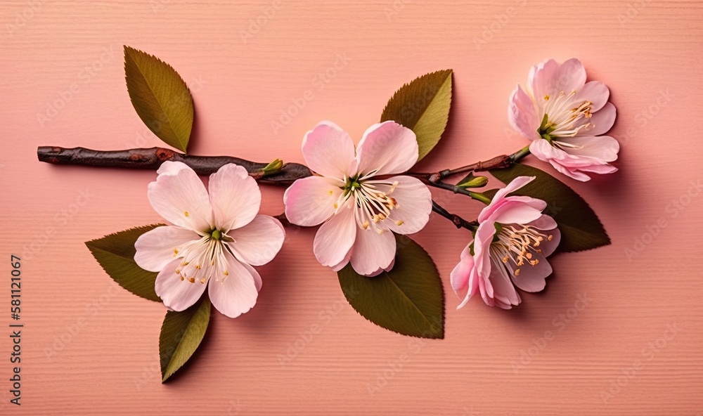  a branch of pink flowers with green leaves on a pink background with copy - space for writing or wr