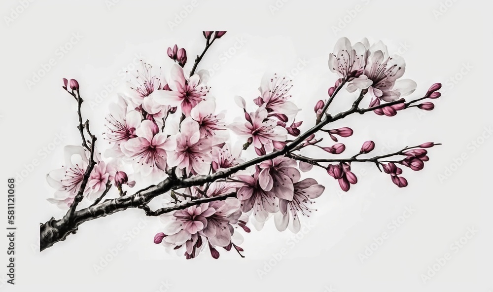  a branch with pink flowers on it against a white background with a black and white photo of a branc