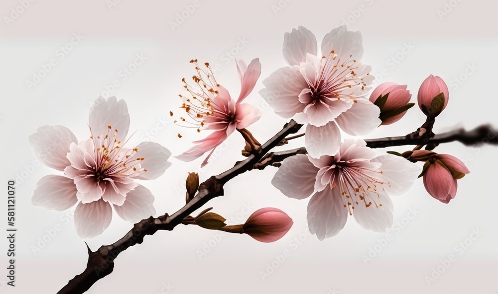  a branch with pink flowers on it against a white sky background, with a few small buds on the branc