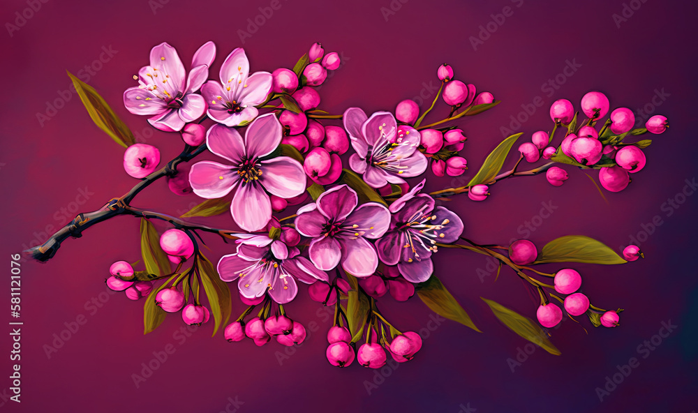  a painting of a bunch of pink flowers on a purple background with green leaves and a branch with pi