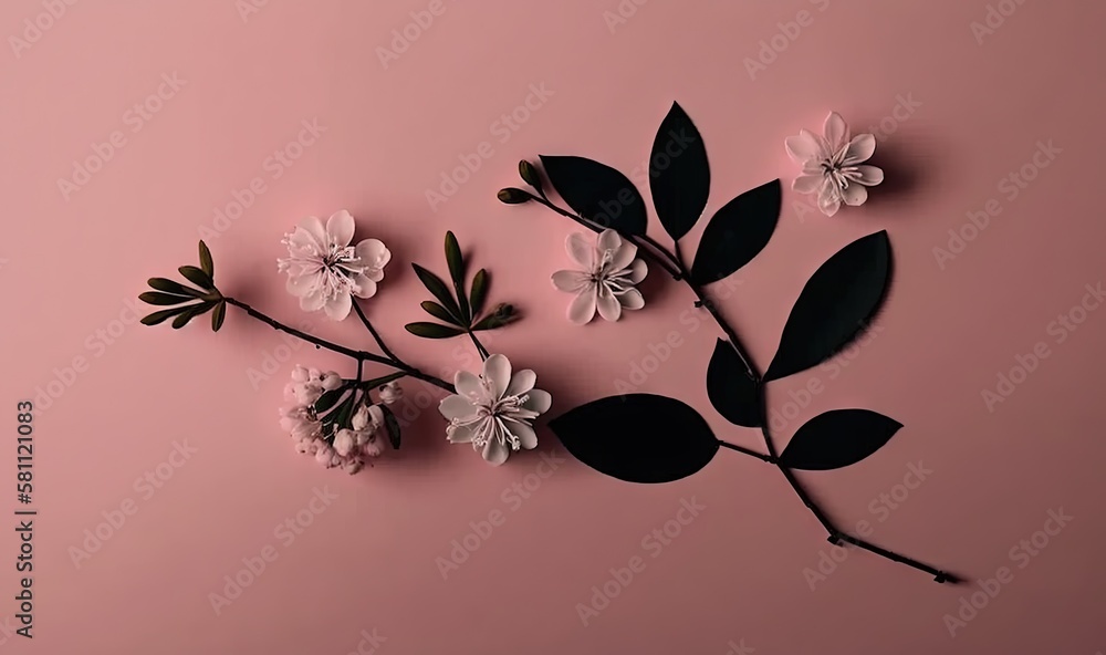  a pink background with black and white flowers and leaves on the top of the image is a branch of a 