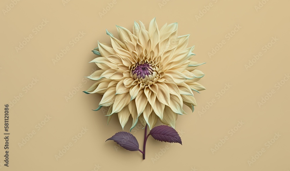  a large flower with a purple center on a tan background with leaves on the stem and a purple center