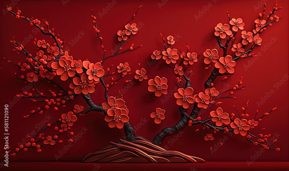  a painting of a tree with red flowers on a red background with a red background and a red backgroun