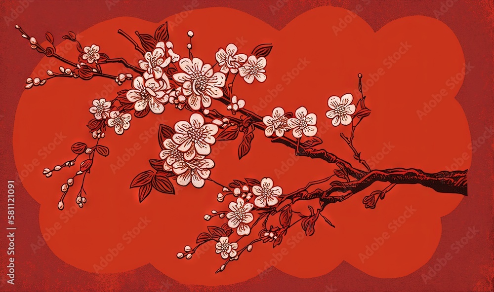  a painting of a branch with white flowers on a red background with a cloud in the middle of the fra