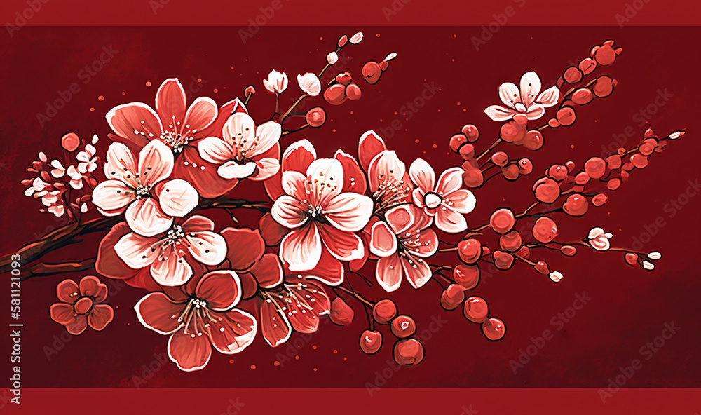  a painting of a branch with flowers on a red background with red and white colors and a red backgro