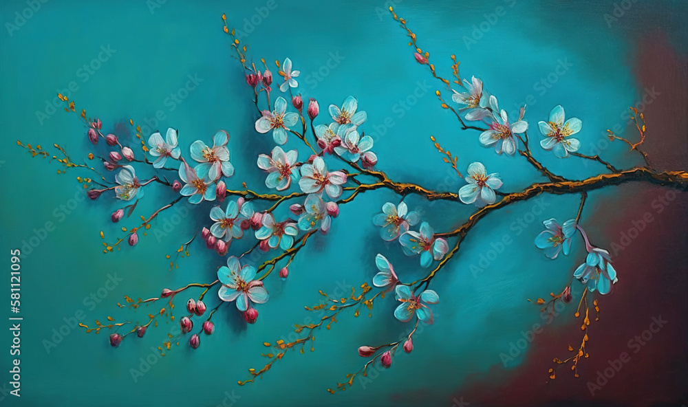  a painting of a branch with pink and blue flowers on a teal blue background with a gold branch with