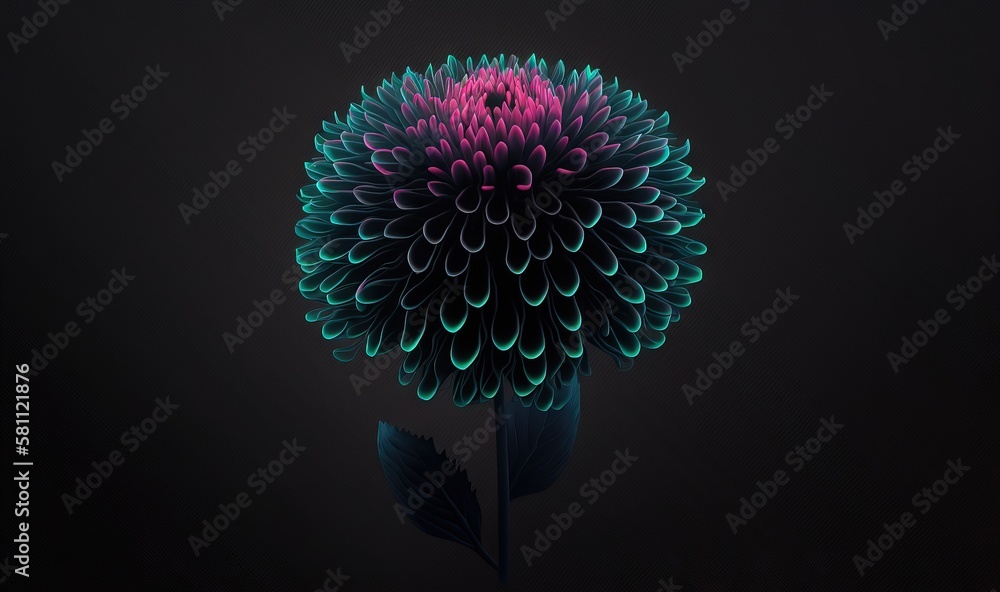  a large flower with green and pink petals on a black background with a single stem in the center of