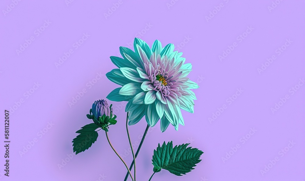  a blue flower with green leaves on a purple background with a yellow center in the center of the fl