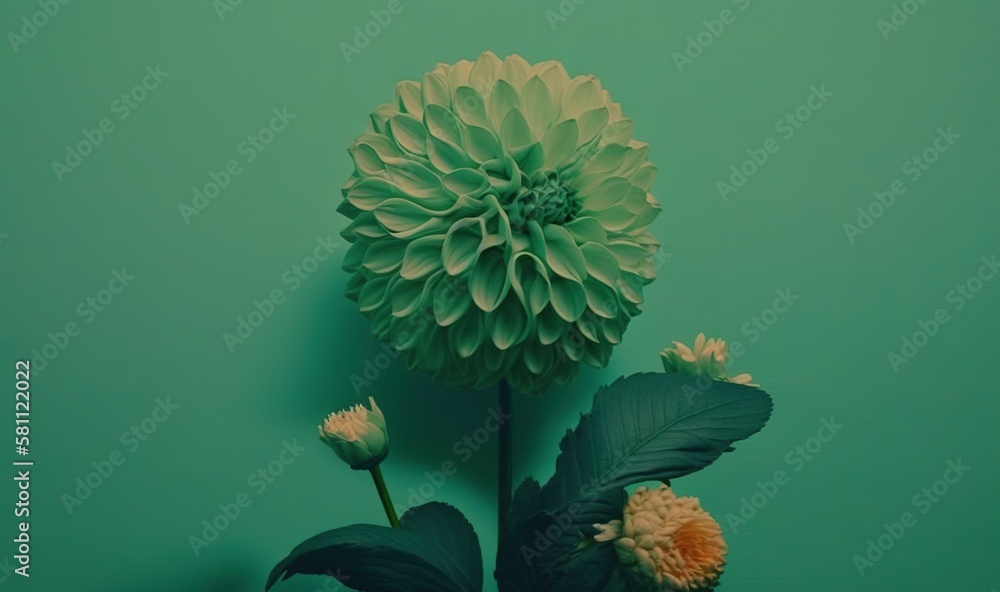  a large green flower sitting on top of a green wall next to a leafy green plant with a single flowe