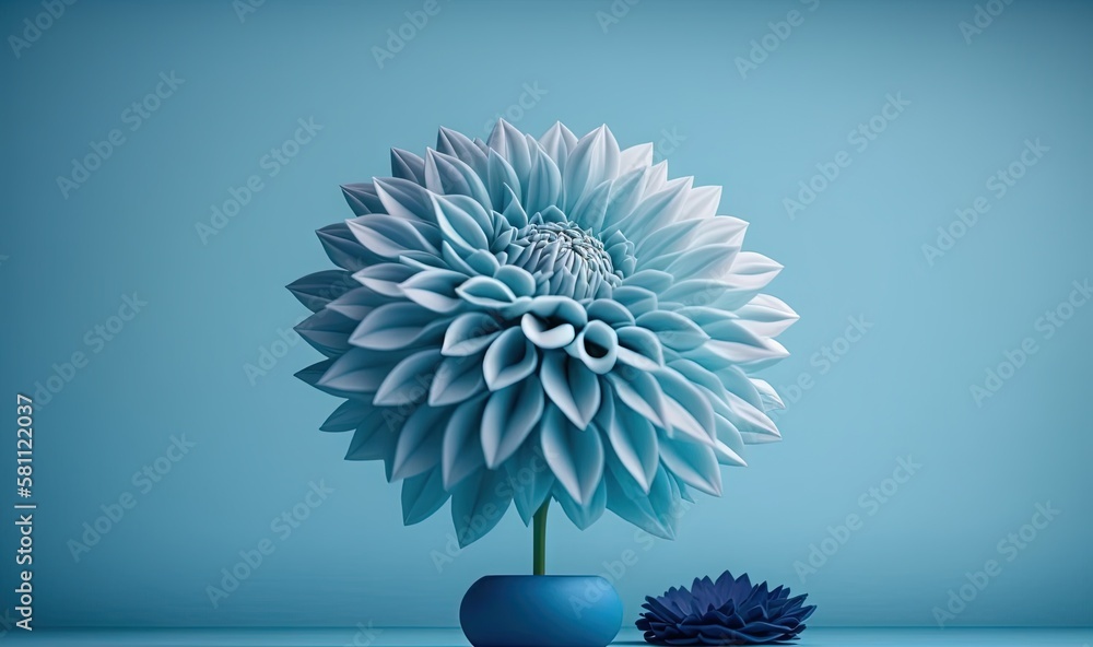  a blue vase with a flower in it next to a smaller blue vase with a smaller blue flower in it on a b