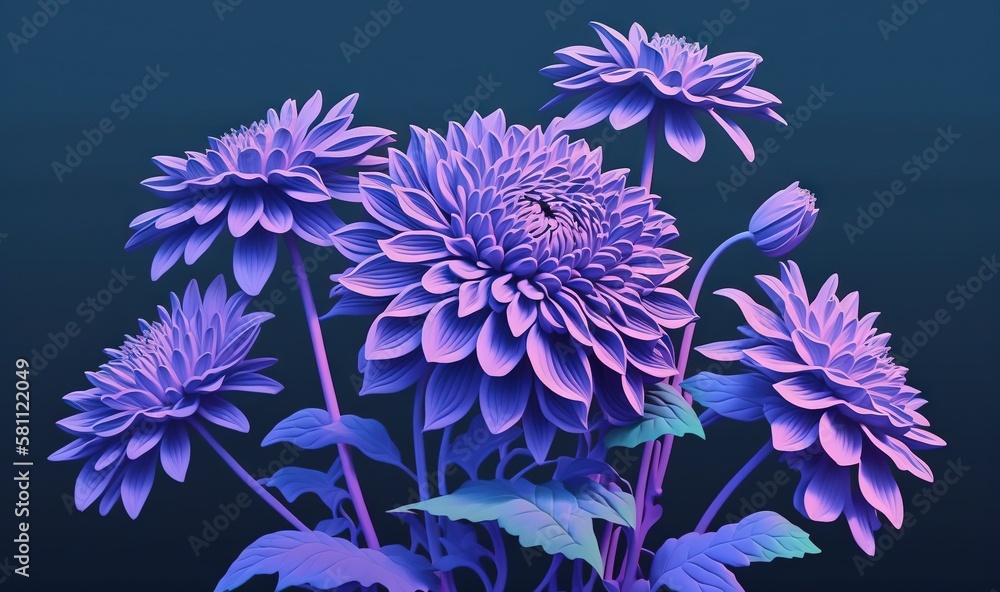  a bunch of purple flowers with leaves on a black background with a blue background and a black back