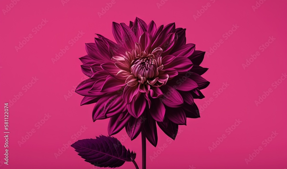  a large purple flower with a green stem on a pink background with a single leaf in the foreground o