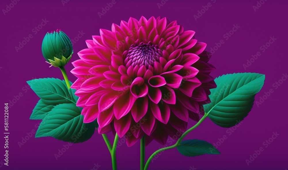  a large pink flower with green leaves on a purple background with a purple background and a purple 