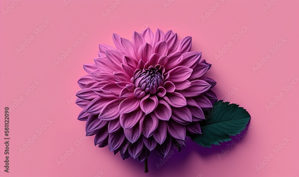  a purple flower on a pink background with a green leaf on the end of it and a green leaf on the end