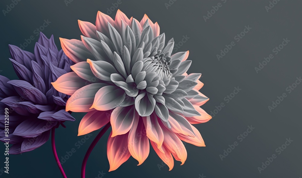  a close up of two flowers on a black background with a gray background and a pink and purple flower