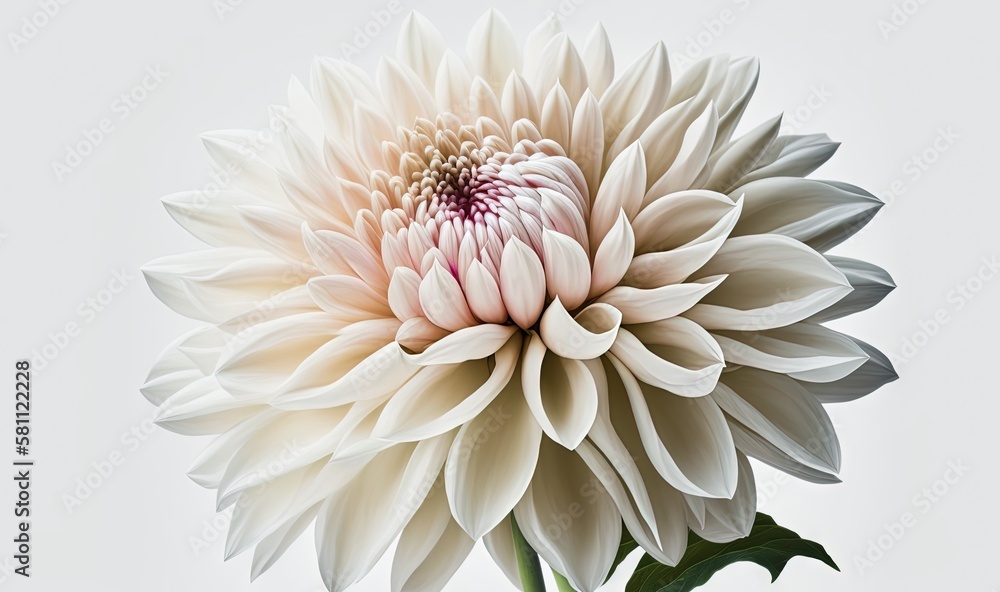  a large white flower with a purple center on a white background with a green stem in the center of 