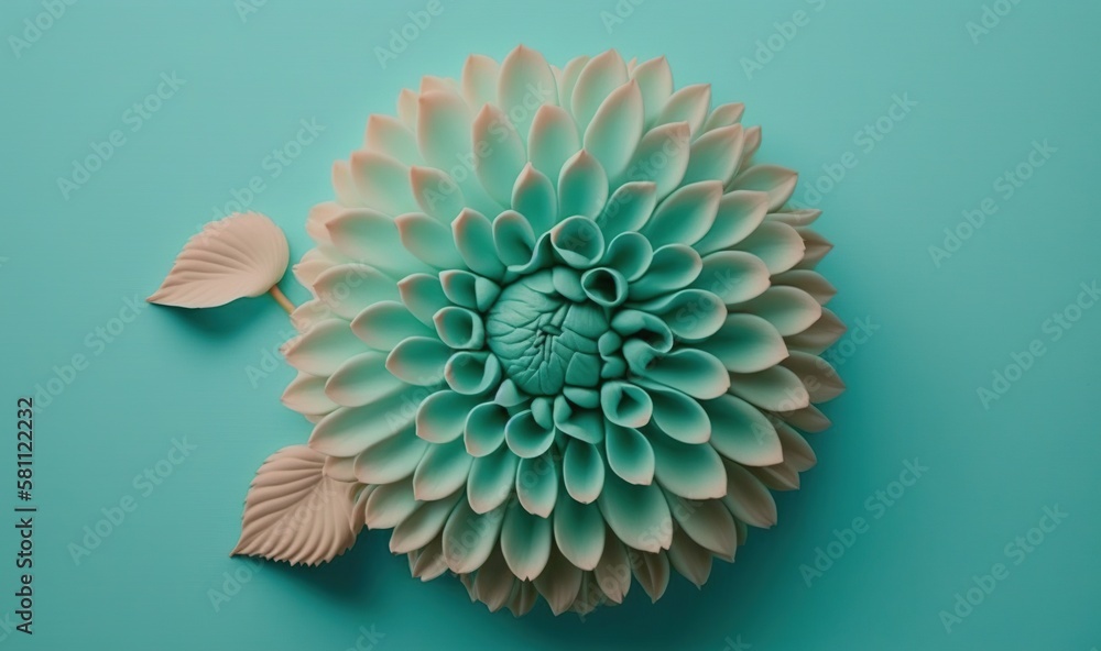  a paper flower on a blue background with a leaf on the bottom of it and a smaller flower on the top