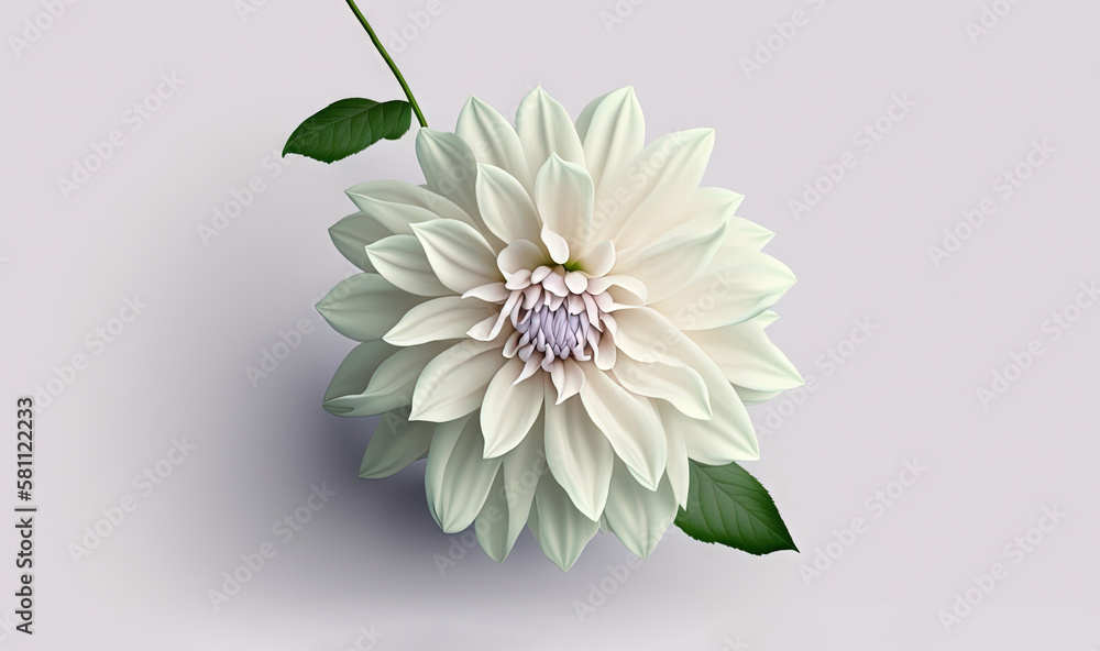  a large white flower with green leaves on a gray background with a white background and a white bac