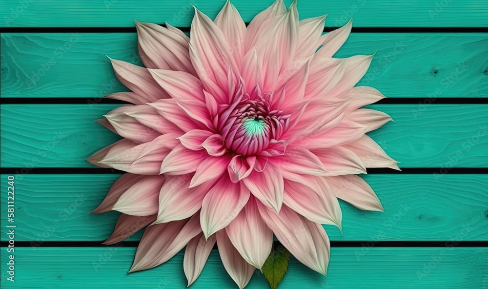  a large pink flower on a green wooden background with a blue background and a white stripe in the c