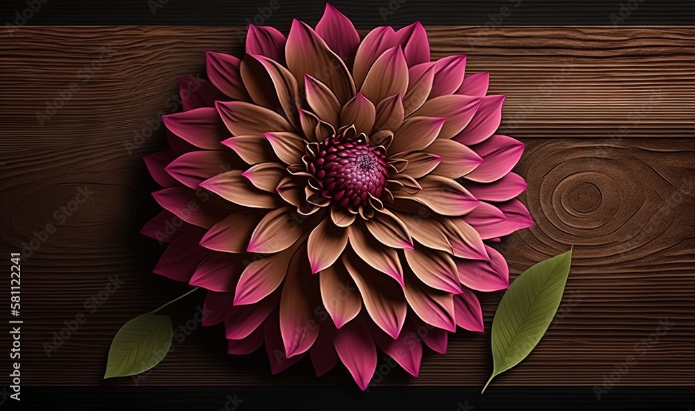  a large pink flower sitting on top of a wooden table next to a green leafy plant on top of a wooden