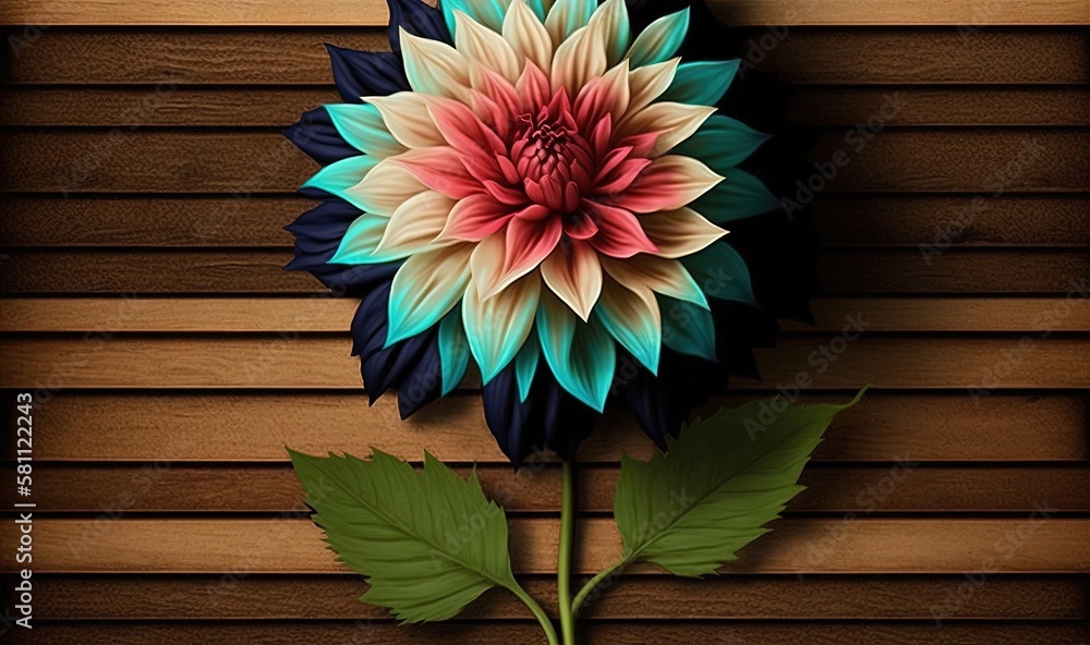  a colorful flower sitting on top of a wooden floor next to a green leafy plant on top of a wooden f