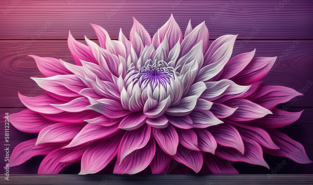  a painting of a pink and white flower on a purple background with a wooden planked wall in the back