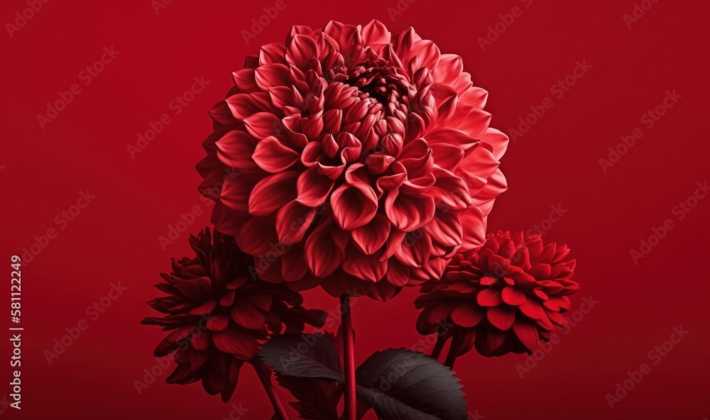  a bunch of red flowers are in a vase on a red background with a black stem in the middle of the pic