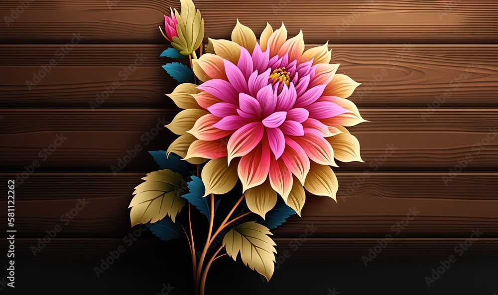  a flower with leaves on a wooden background with a place for a text or a picture to put on a card o