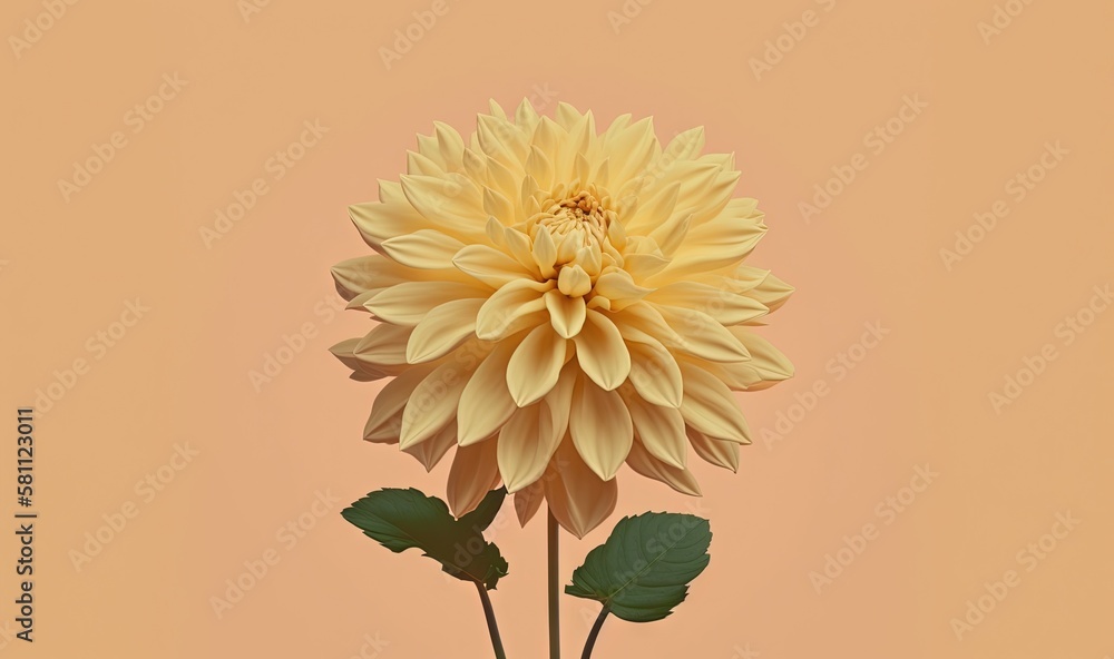  a large yellow flower with green leaves in a vase on a pink background with a light pink wall in th