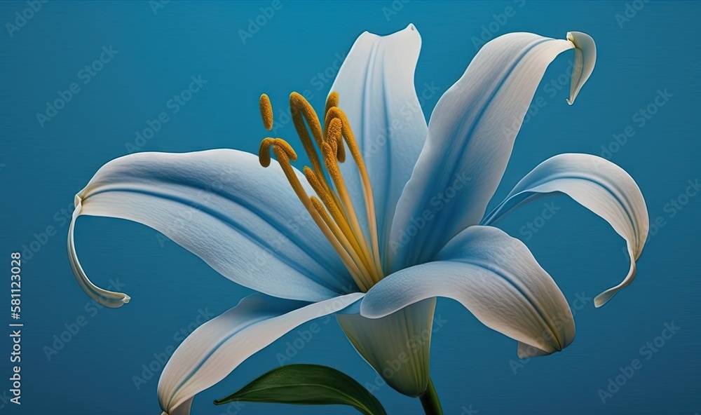  a blue and white flower with a green stem on a blue background with a white center and yellow stame