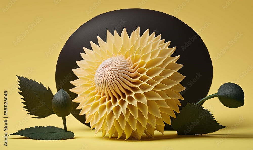  a yellow and black sculpture of a sunflower on a yellow background with green leaves and a black ci