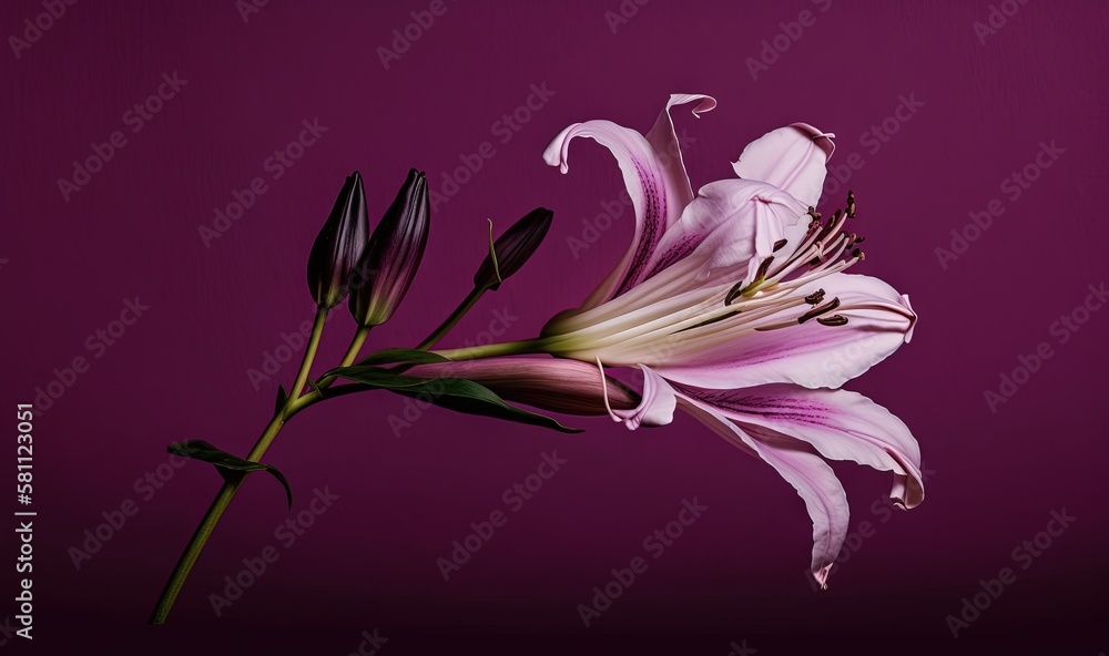  a pink flower is in a vase on a purple background with a green stem in the center of the picture an