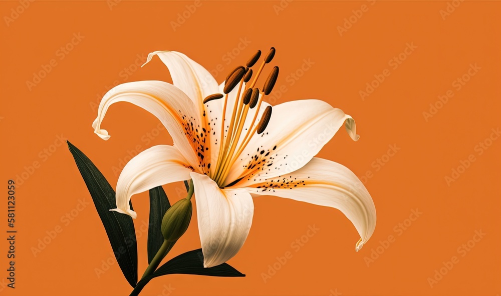  a white flower with green leaves on an orange background with a black border around it and a black 